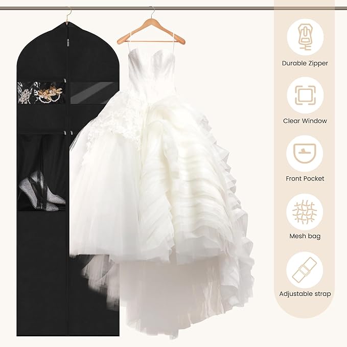 Wedding Dress Garment Bag,72’ Tri-Fold Bridal Gown Bag with 6 Pouches and Adjustable Buckle Gown Cover for Wedding/Prom/Travel/Closet Storage (Black)