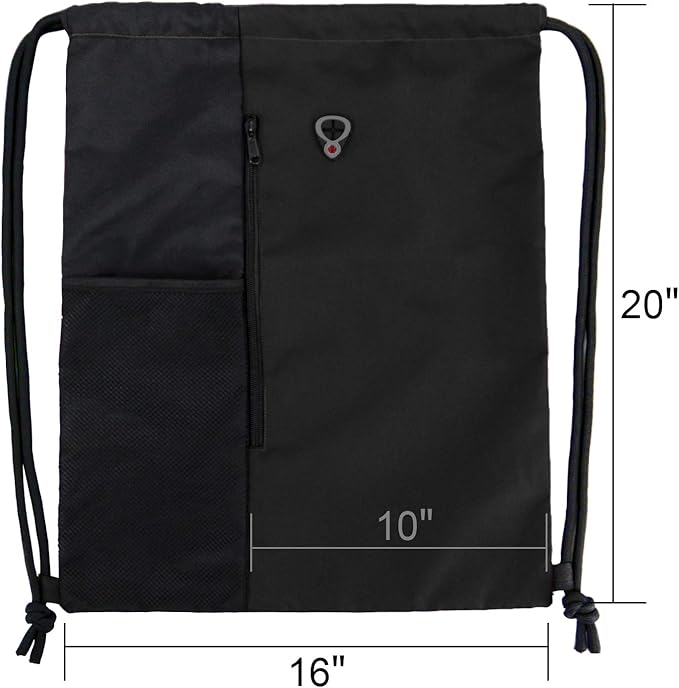 BeeGreen Black Drawstring Backpack Gym Bag For Men Women String Sports Backpack With Water Bottle Mesh Pockets And 2 Zippered Pocket Large Cinch Sackpack Workout Bag 16" x 20"