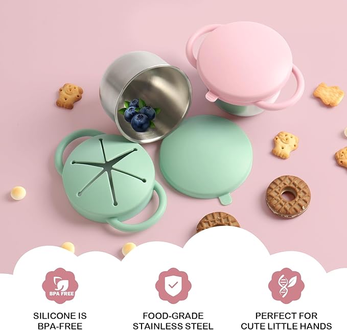 Daximo 2 Pack Snack Cups for Toddlers Spill Proof - Detachable Stainless Steel Toddler Snack Cups with Silicone Lids & Handles - Dishwasher Safe Snack Container(Green and Pink)