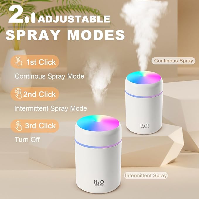 Portable Small Humidifier, 300ml Mini Cool Mist Humidifier, USB Personal Desktop Humidifiers for Baby Bedroom Travel Office Home, Auto Shut-Off, 2 Mist Modes, White