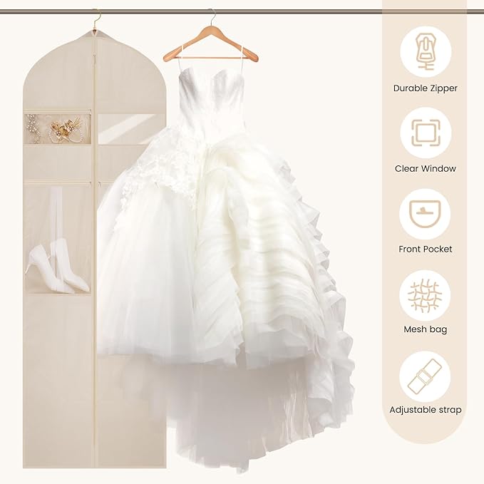 Wedding Dress Garment Bag,72’ Tri-Fold Bridal Gown Bag with 6 Pouches and Adjustable Buckle Gown Cover for Wedding/Prom/Travel/Closet Storage (Beige)