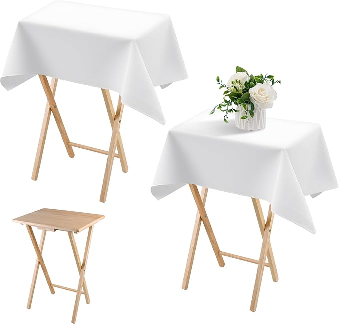 Oudain 2 Pcs Small Tablecloth Washable Fabric Folding TV Tray Table Cloth Polyester Solid Color Nightstand Cover for Bedside Table Side Outdoor Indoor(White,24 x 36 Inch,Classic Edge)