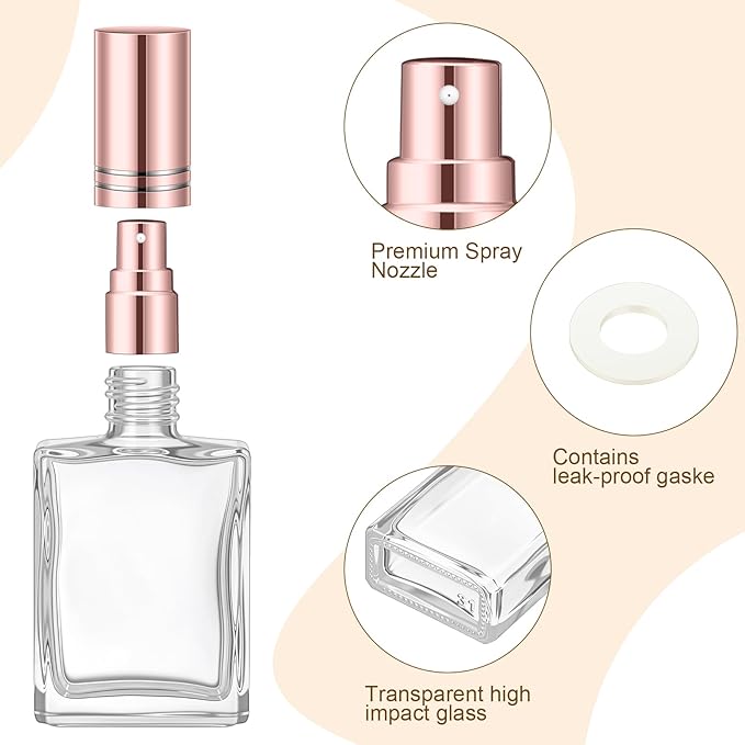 Domensi 30 Pcs 10/15/30/50 ml Glass Perfume Bottles Mini Glass Empty Spray Atomizer Bottles Bulk Refillable Perfume Dispenser Container with Pump Tool for Travel Skin Care (15 ml,Rose Gold)