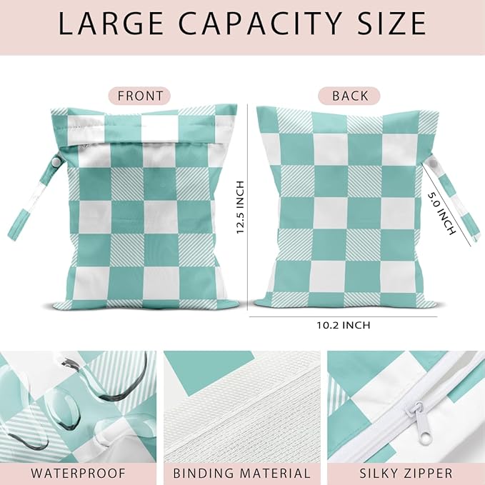 Wet Bag, 4Pcs Wet Dry Bag Set, Reusable Waterproof Bags with Mint Checkerboard Prints for Women, Ideal for Beach Vacations, Pool Days, Travel & Daily Essentials Storage