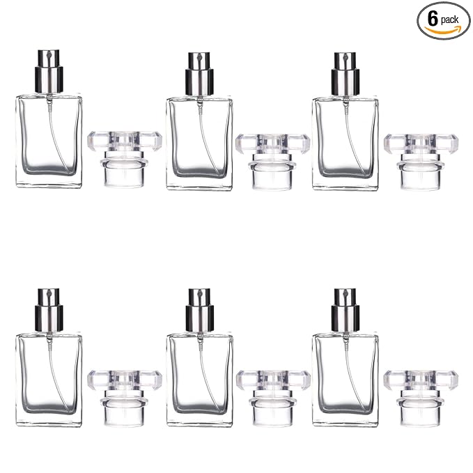 6 Pack 30ml / 1 Oz Transparent Refillable Perfume Bottle, Portable Square Empty Glass Perfume Atomizer Bottle Spray Applicator with 4 kinds of perfume dispenser(6 Pack 30ml / 1.01 oz. Transparent