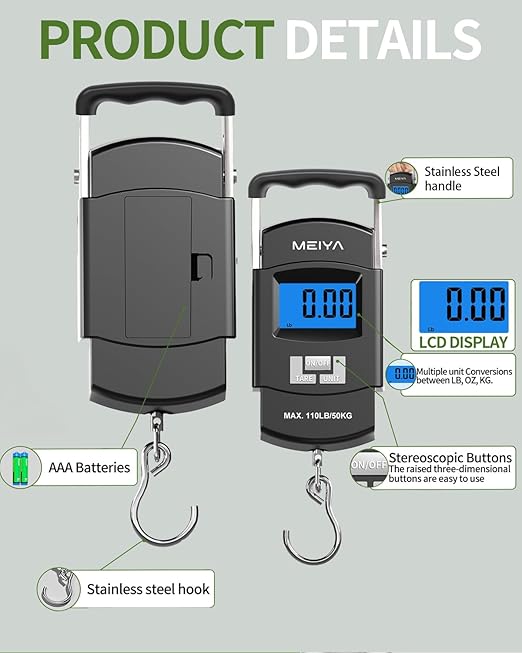 MEIYA Fish Scale 110lb/50kg Digital Fishing Scale with Backlit LCD, Portable Handle, Stainless Steel Hook & 2 AAA Batteries – Great Fishing Gifts for Men