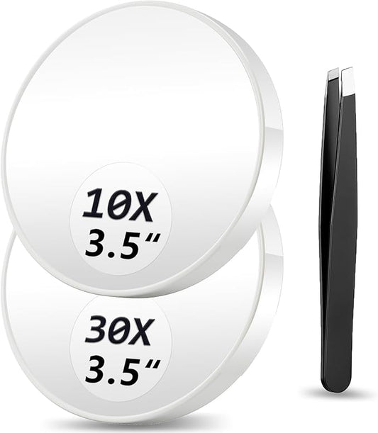 Magnifying Mirror 10X&30X Set, 3.5" Round, White, Unframed, Wall Mount, Travel Mirror, Perfect for Makeup, Grooming, Detailed Facial Care