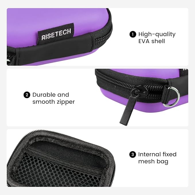 Earbud Case, RISETECH Earphone Case Holder Hard EVA Headphone Small Zipper Pouch Compatible with Wireless in-Ear Headset, SD Cards, USB Charger Cable, AirPods, Sony Wired Earbuds with Keychain -Purple