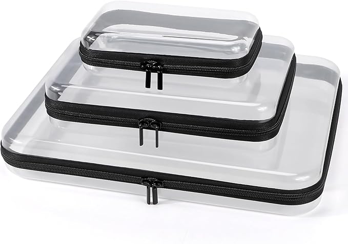 YOPCDJ 3 Pack Clear Hard Shell Zipper Case, Clear Zipper Pouches Waterproof Makeup Organizer & Travel Toiletry Bag, Plastic Pouch for Travel Office Storage, Black 3 Pack XLLS
