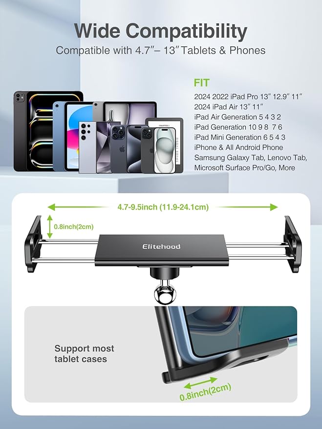 elitehood 8.5in Long Arm iPad Holder for Mic Stand, 360° Adjustable Aluminum Mic Stand Tablet Holder for Microphone & Stage Music, iPad Mount Compatible with 4-13in Tablets, iPhone and Phones