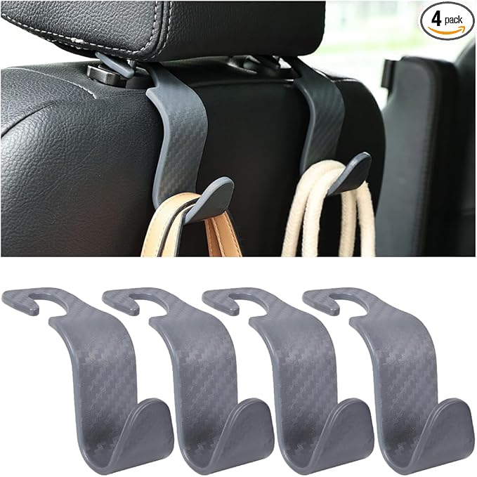 4PCS Car Seat Headrest Hooks, Auto Back Seat Hanger Holder, Durable Stylish Vehicle Organizer Universal Car Interior Accessories, Storage Hooks for Purses, Bags, Clothes (Carbon Fiber/Grey)