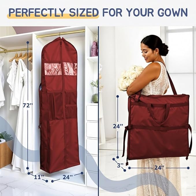 Wedding Dress Garment Bag 72" – Waterproof Trifold Travel Garment Bag for Bridal Gown with Shoulder Strap, Suitcase Sleeve & Accessory Pockets – Fits Full Skirts, Oxford Fabric, Carry Handle