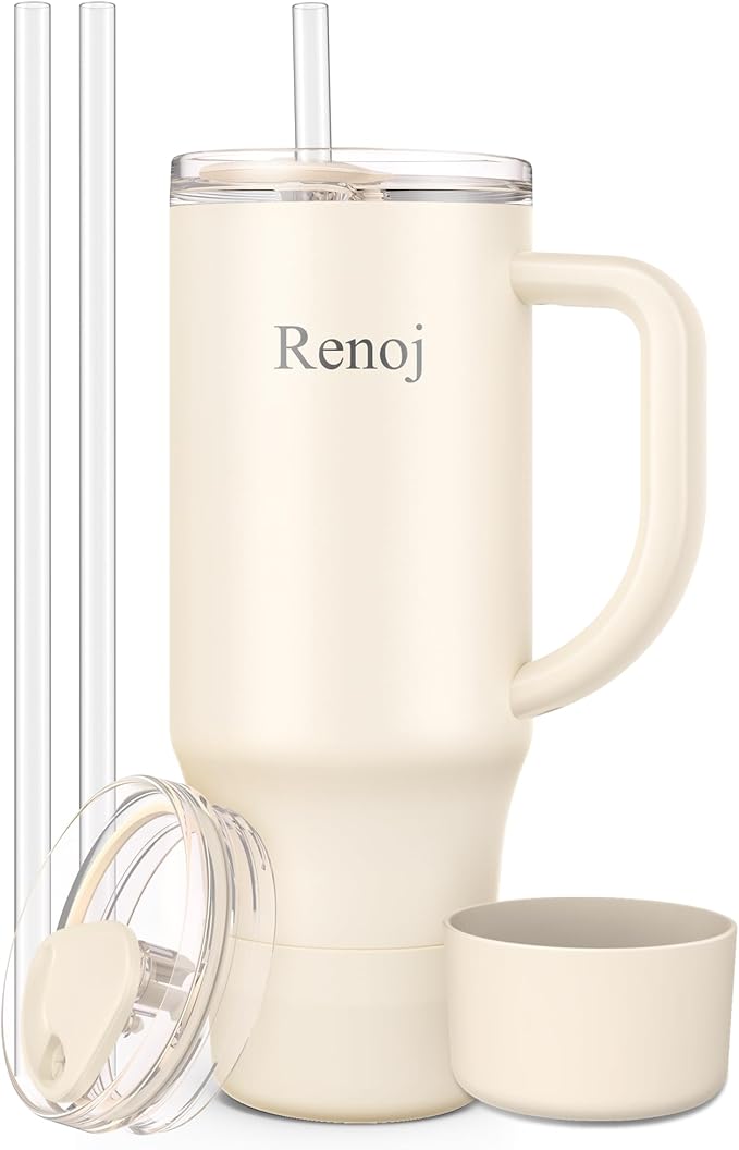 Renoj Insulated Mug 100% Spill Resistant Insulated Water Bottle for Iced Coffee & Hot Drinks - Fits Car Cup Holder, Ideal Gift, 2 Straws & Silicone Boot - FlexSlide White 32 oz
