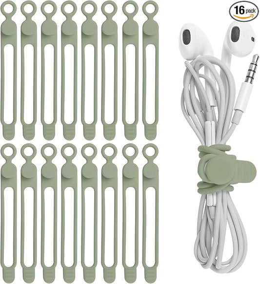 16Pcs Silicone Cable Straps Wire Organizer for Bundling Earphone, Phone Charger, Computer Cords, Reusable Cable Ties Cord Organizer in Home,Office,Kitchen,School(Green)