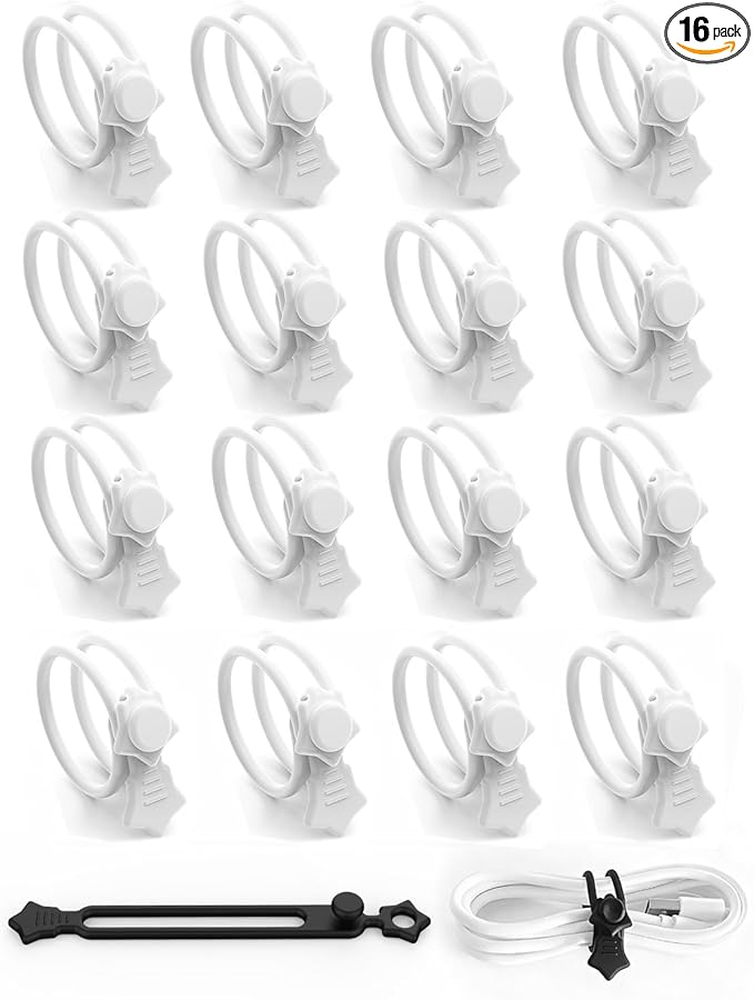 Quick Bind–Silicone Cable Ties Reusable, Cord Organizer for Charging Cables, Data Cables & Computer Wires, Multipurpose Elastic Cable Management Straps for Home,Office,Travel(16pcs,White)