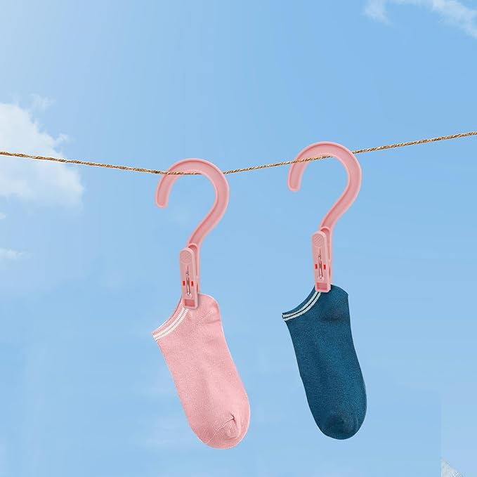 Andiker 4pcs Laundry Hooks with Clips, 5.2" Super Strong Clamping Plastic Single Clip Hangers Portable Travel Hangers with Clips to Hang Socks Towels Boots and Dry Wet Clothes (Pink)