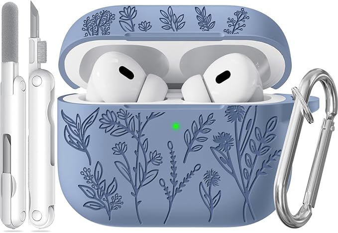 for Apple AirPods Pro 2nd/1st Generation, Soft Silicone Flower Engraved AirPods Pro 2 Gen Protective Case Cover for Women Airpod Case with Clean Kit,Carabiner,Front LED Visible,Sand Powder