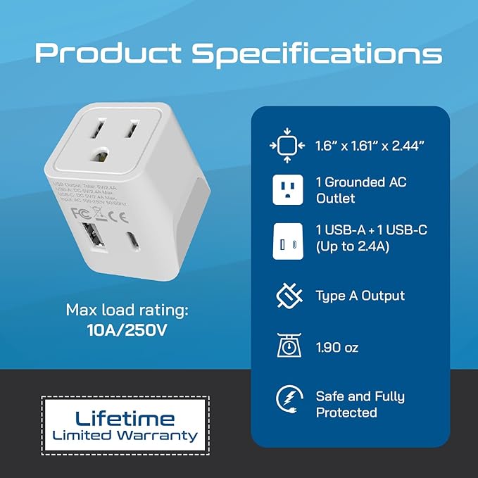Ceptics Japan, Philippines Travel Adapter Plug with USB-A + USB-C - Usa Input - Type A - Ultra Compact (CTU-6) - Perfect for Cell Phones, Laptops, Camera Chargers