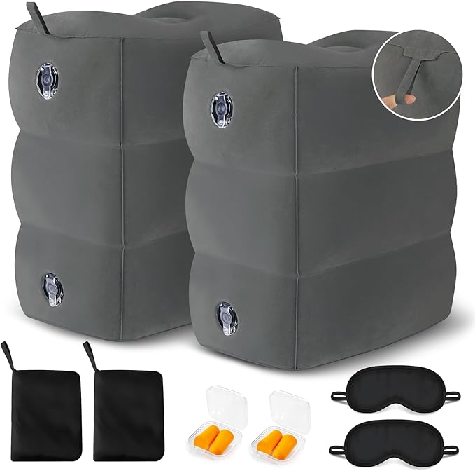 Inflatable Airplane Foot Rest Pillow - Travel Foot Rest for Long Flights, Car Seat Foot Rest for Kids Airplane Seat Extender Bed for Toddler, Blow up Plane Footrest with Easy-Carry Strap, Gray 2 Pack