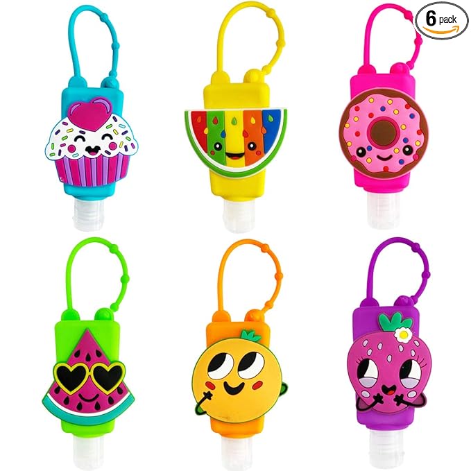 6Pcs Travel Size Kids Empty Hand Sanitizer Bottles with Keychain Holder Detachable Silicone Protective Case 30ml Plastic Travel Bottles Leak Proof Refillable Containers - Fruit & Cake