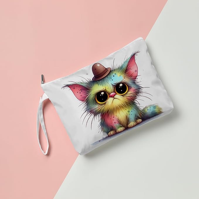 Fokongna Cute Print Wet Bag, Small Portable Waterproof Multi-Functional Organizer for Women, Rainbow Watercolor Fluffy Cat, Ideal for Daily, Beach & Travel