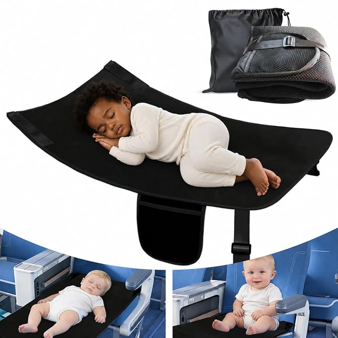 Toddler Airplane Bed, Airplane Seat Extender for Kids, Kids Travel Bed for Long Flights, Portable Plane Footrest, Soft Velvet Leg Support, Machine Washable, Non-Slip, Black