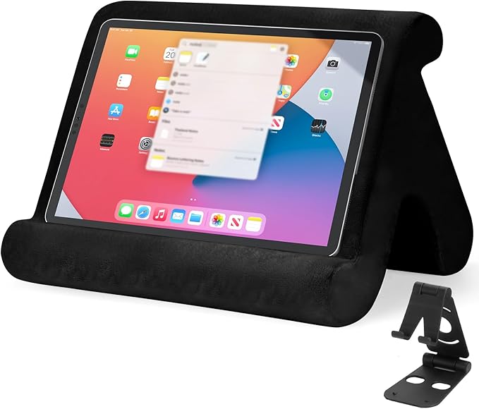 Universal Multi-Angle Tablet Stand Holder-Soft Pad Stand with black phone holder for Lap,Knee,Sofa and Bed,Compatible with iPad Pro 9.7,10.5,12.9 Air Mini 4 3,Kindle,Galaxy Tab,E-Reader (Black)