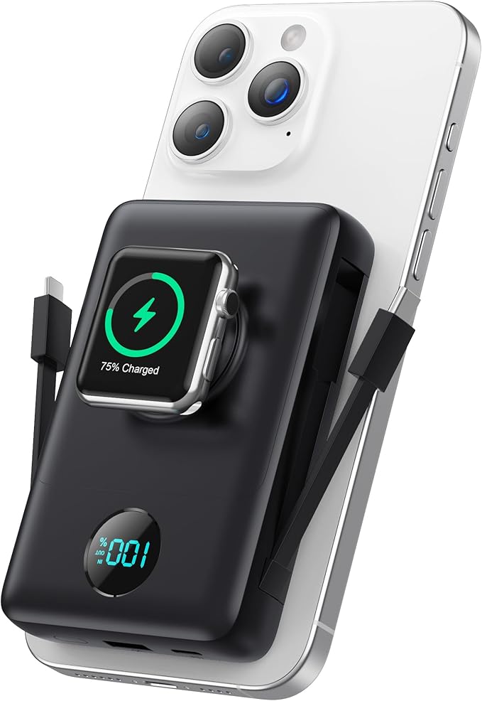 Ekrist Magnetic Portable Charger for MagSafe with Built-in Cable,iWatch Charger,Wireless Power Bank Travel Essentials,25W Fast Charging Battery Pack for iPhone 17/16/15,Apple Watch(Black,10800mAh)