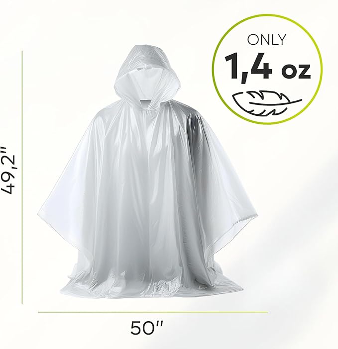 ZENO Disposable Rain Ponchos for Adults - Clear with Hood, Compact Emergency Ponchos for Hiking, Camping, Travel