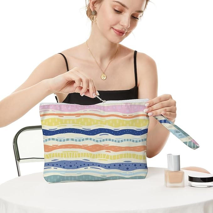 Fokongna Floral Print Wet Bag, Small Portable Waterproof Multi-Functional Organizer for Women, Multicolor Wavy Stripe,Ideal for Daily, Beach & Travel,