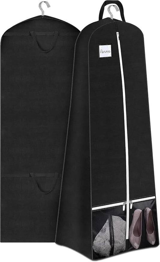 SLEEPING LAMB 65'' Bridal Wedding Gown Dress Garment Bag 15'' Gusseted Garment Cover Shoe Pockets Travel Garment Storage Bag for Prom, Evening Gowns, Black
