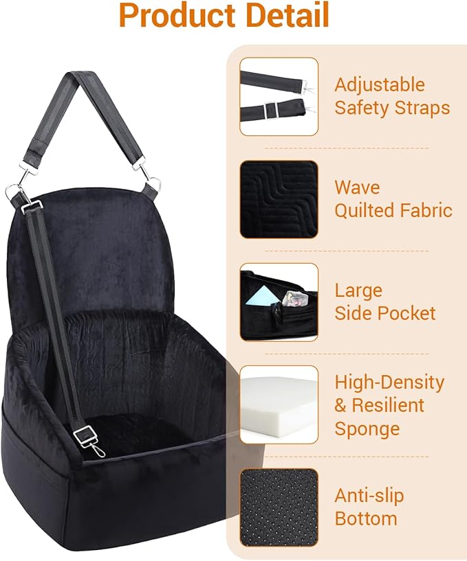 NUPIDA Dog Car Seat for Small Medium Dogs, Dog Booster Seat with Extendable Backrest, Pet Portable Car Seats up to 30 lbs, Washable Travel Bed with Storage Pockets and 2 Safety Leashes, Black