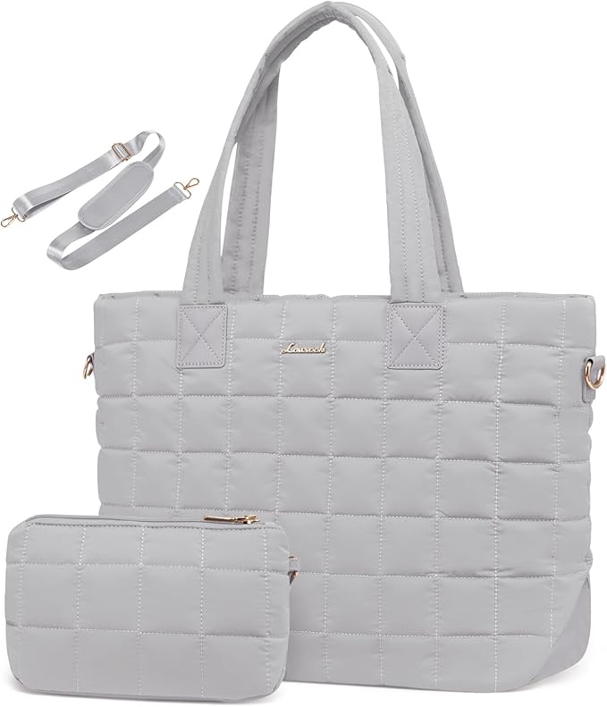 LOVEVOOK Laptop Tote Bag for Women, 15.6 Inch Large Puffer Work Computer Tote Bags for Teacher Nurse, Quilted Women's Purse Tote Shoulder Handbags with Zipper for Travel College Office Gym, Grey