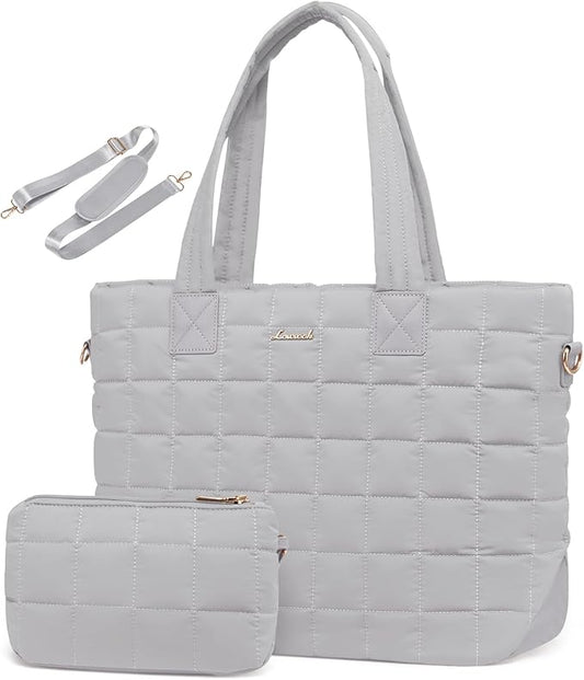 LOVEVOOK Laptop Tote Bag for Women, 15.6 Inch Large Puffer Work Computer Tote Bags for Teacher Nurse, Quilted Women's Purse Tote Shoulder Handbags with Zipper for Travel College Office Gym, Grey