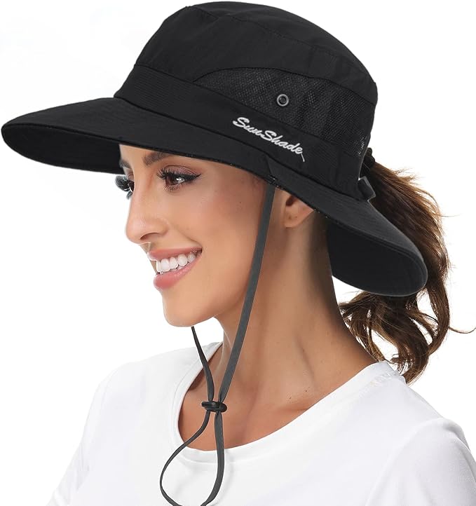 Sun Hat for Women Summer UV Protection Beach Hat Wide Brim Mesh Bucket Fishing Hat with Ponytail Hole Foldable Packable Hat