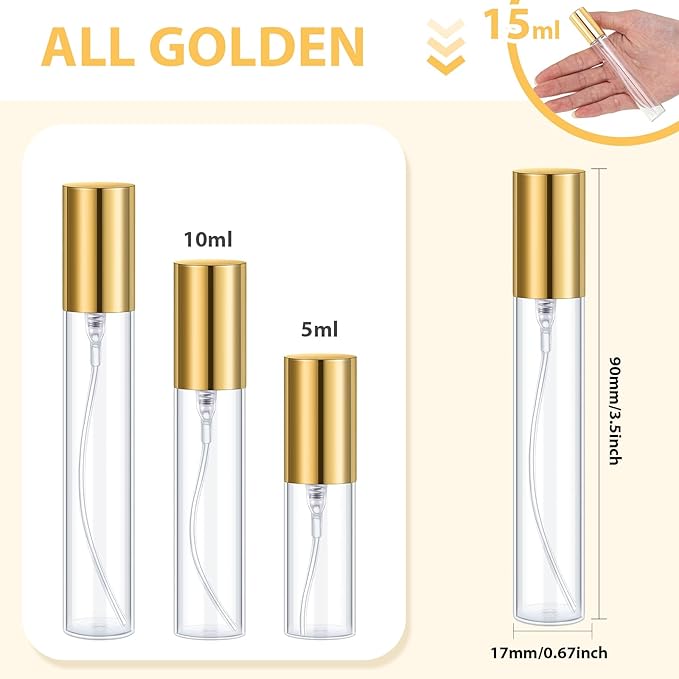 Yinder 50 Pcs 15ml Travel Spray Bottle Refillable Perfume Atomizer Bulk Glass Mini Cologne Perfume Bottles Empty Fine Mist Portable Small Sample Containers(Gold)