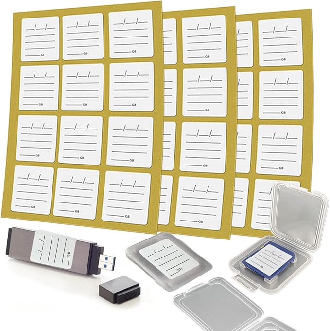 (120 Count) SD Card Label Stickers/Flash Drive Labels with 6 Free SD Card Cases & a Storage Box - Stick-On, Removable
