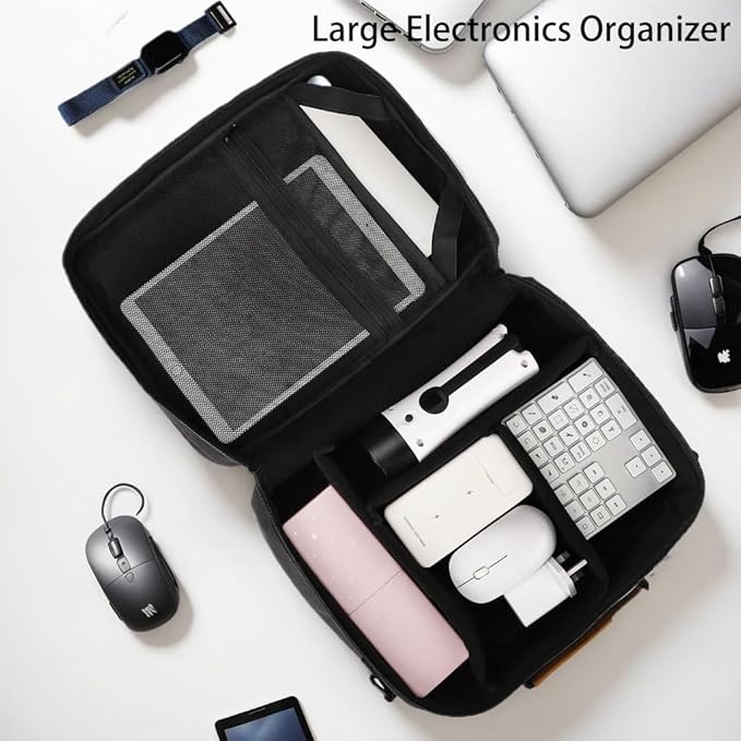 Extra Large Electronics Organizer Travel Case, Cable Organizer Bag with Shoulder Strap, Electronics Accessories Storage Double Layer Bags for Cord, Tablet, Headphone, Charger, Tools, DJ Gifts-Black