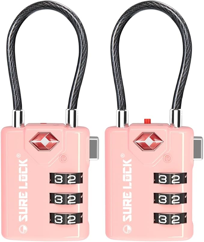SURE LOCK TSA Approved Luggage Locks with Open Alert Indicator, 3 Digit Combination Cable Travel Lock for Suitcase, Backpack, Gym Locker, Toolbox & Travel Bag(2, Pink 2 Pack)