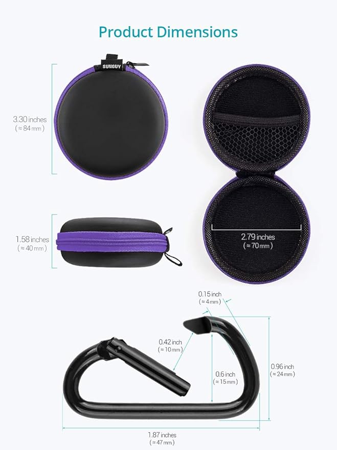 SUNGUY [2-Pack Earbuds Cases, Small Round Pocket Earbud Travel Carrying Case Pouch with Carabiners for Earbuds, Headsets, in-Ear Headphones, Hearing Aids, USB Cable and More (Green + Purple)