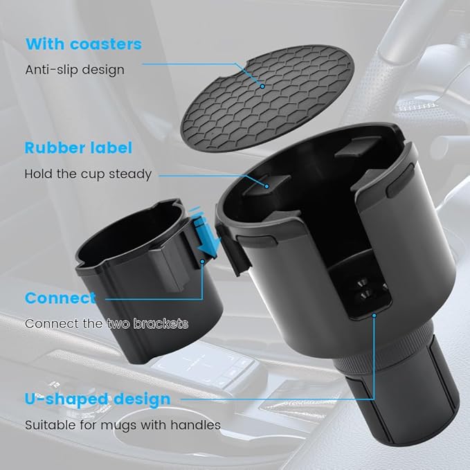 1 Pack Car Cup Holder Expander 2 in 1 Adapter with Expandable Base, Car-Seat Headrest Hook 4 Pack Hanger Storage Organizer fit Universal Vehicle Car Mugs in 2.2"-4.6" (10-46oz)