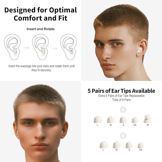Ear Plugs for Sleeping Earplugs for Concerts Noise Cancelling Reusable Soft Silicone Noise Reduction Earbuds for Travel Focus Work 33-45dB Hearing Protection with 9 Ear Tips & Case (Off-White)