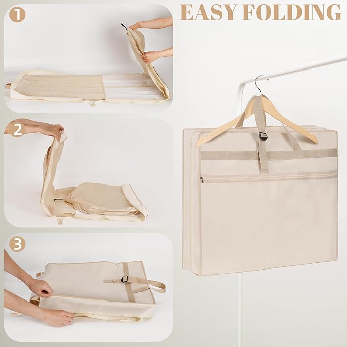 Wedding Dress Garment Bag,72’ Tri-Fold Bridal Gown Bag with 6 Pouches and Adjustable Buckle Gown Cover for Wedding/Prom/Travel/Closet Storage (Beige)