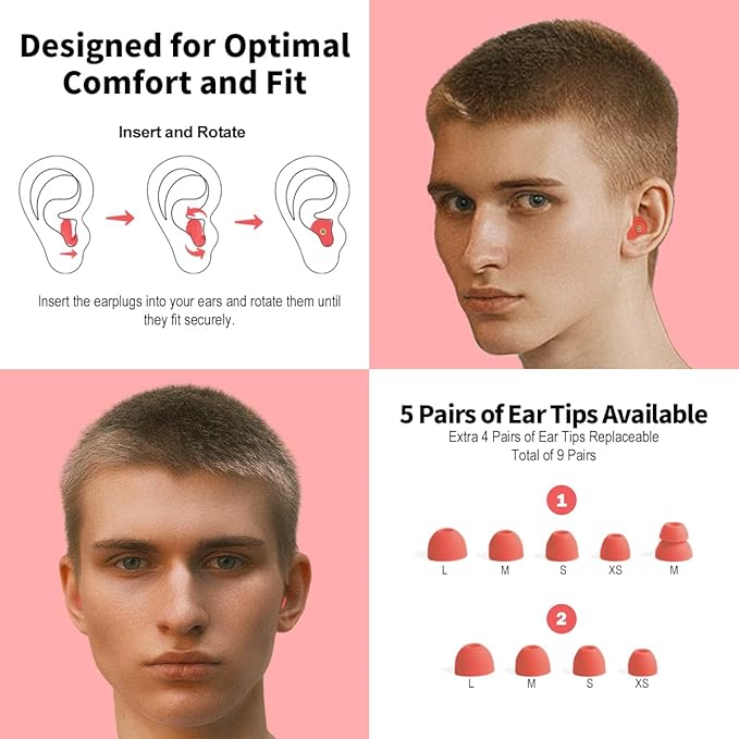 Ear Plugs for Sleeping Earplugs for Concerts Noise Cancelling Reusable Soft Silicone Noise Reduction Earbuds for Travel, Focus, Work 33-45dB Hearing Protection with 9 Ear Tips & Case (Red)