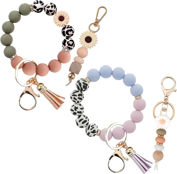 2PCS Bracelet Key Ring Set, Cute Car Key chain Wristlet, Silicone Beaded Bangle keyChains for Women Girls