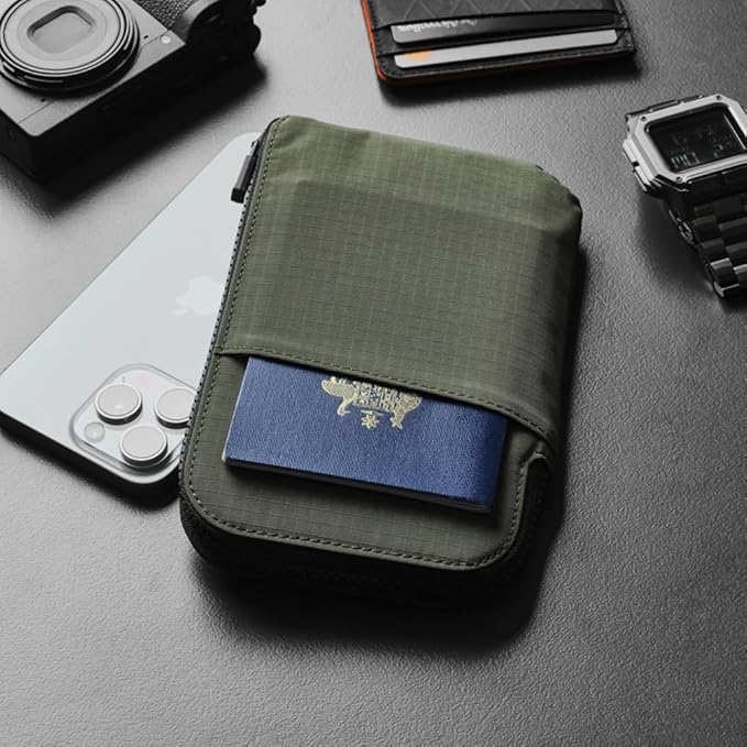 ALPAKA Zip Travel Wallet Green Axoflux 210D - RFID Passport Holder - Self Locking Zipper - Tear Resistant Material - Four Pockets and Two Card Slots - HUB Accessories Compatible