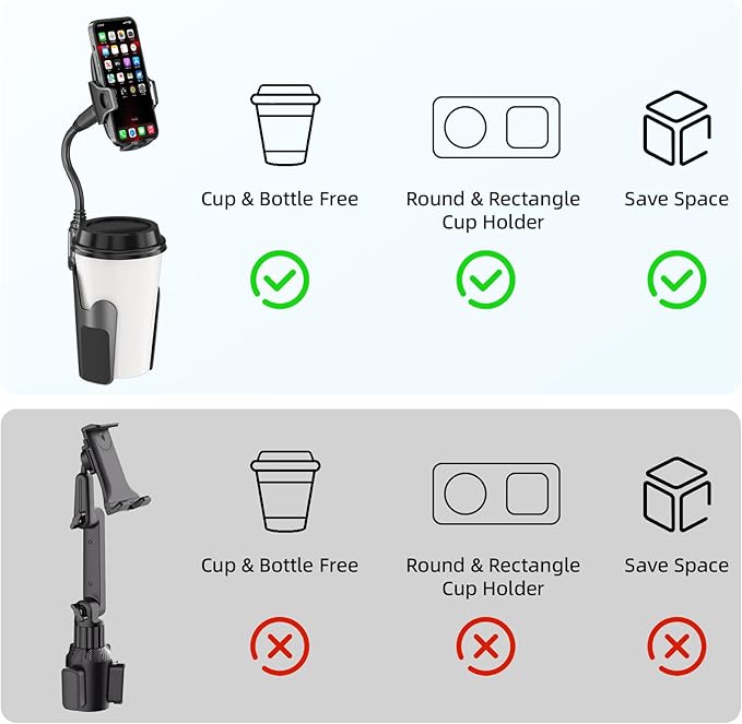 Cup Phone Holder for Car with 360° Adjustable Long Gooseneck, Cell Phone Holder Mount for Car | Truck | Golf Cart Compatible with iPhone & Samsung & All Smartphones