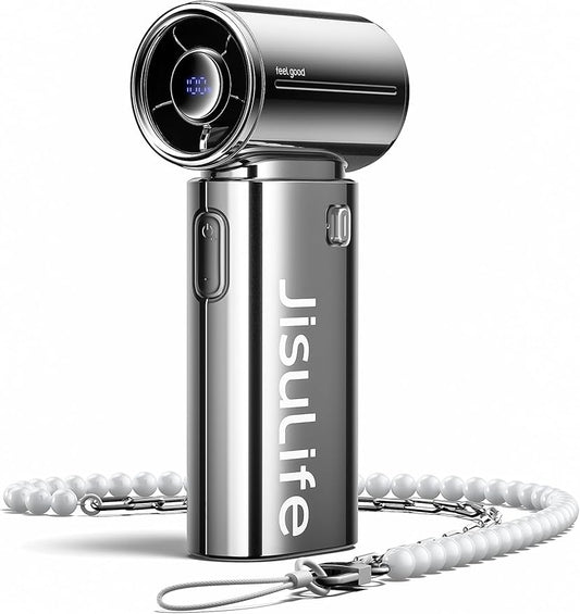 JISULIFE Portable Handheld Fan, Turbo Power High Speed Air [22H Max Cooling Time], 5 Gear Wind, 5000mAh Rechargeable, Mini Pocket Design, Personal Fan for Travel Concerts Camping Makeup - Chrome