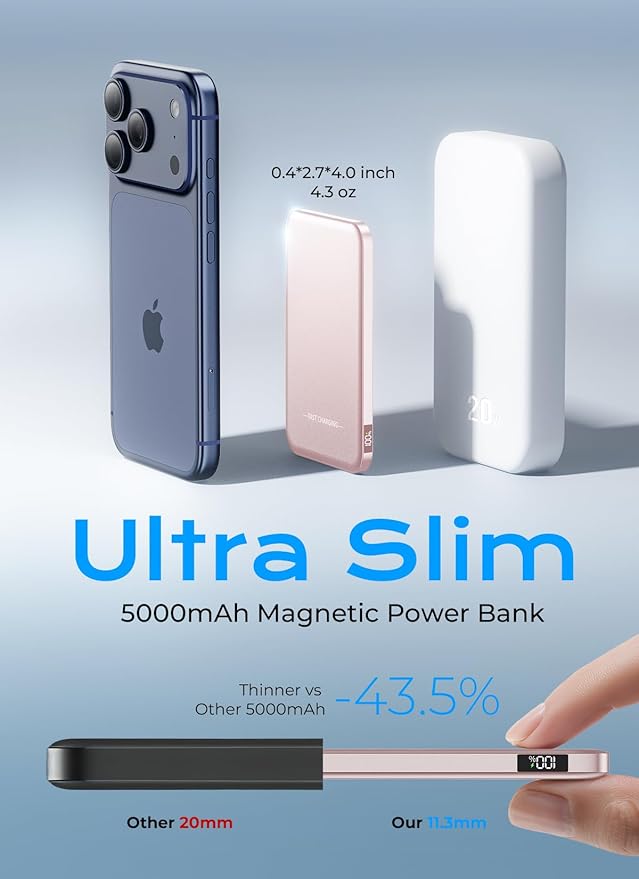 Aobbow Magnetic Portable Charger, 50% Smaller & Slimmer 5000mAh Power Bank with LED Display, 15W Fast Charging Battery Pack, Travel Essential MagSafe Compatible Charger for iPhone 17/16/15 - Rose Gold