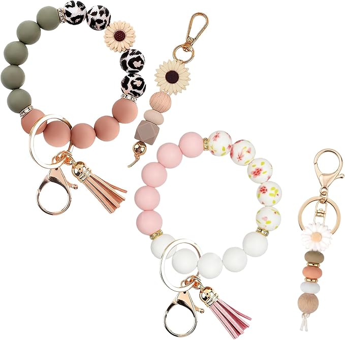 2PCS Bracelet Key Ring Set, Cute Car Key chain Wristlet, Silicone Beaded Bangle keyChains for Women Girls
